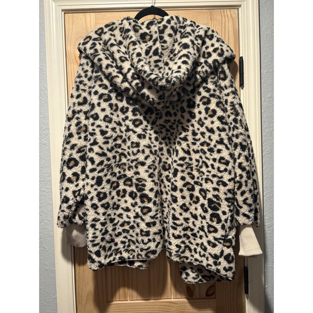 Leopard Sherpa Hooded Cardigan Womens Cozy Lounge Wrap Jacket - Picture 8 of 9